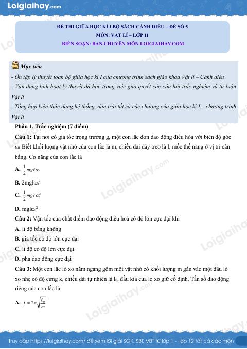 Đề thi giữa học kì 1 Vật lí 11 Cánh diều - Đề số 05